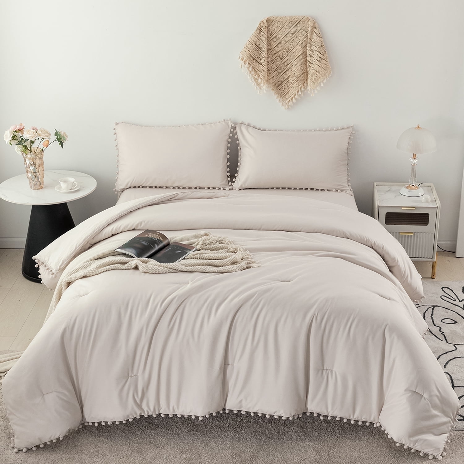RYNGHIPY Boho 3-Pieces Beige Grey Solid Comforter Bedding Sets, Twin