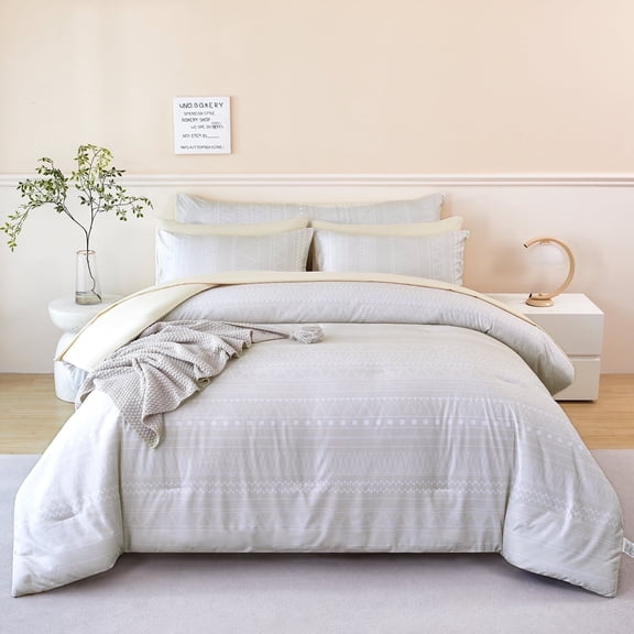 RYNGHIPY Boho Queen Comforter Set 8-Pieces Cream Beige Striped Bed in a Bag Soft Microfiber Bedding Sets for All Season, Queen