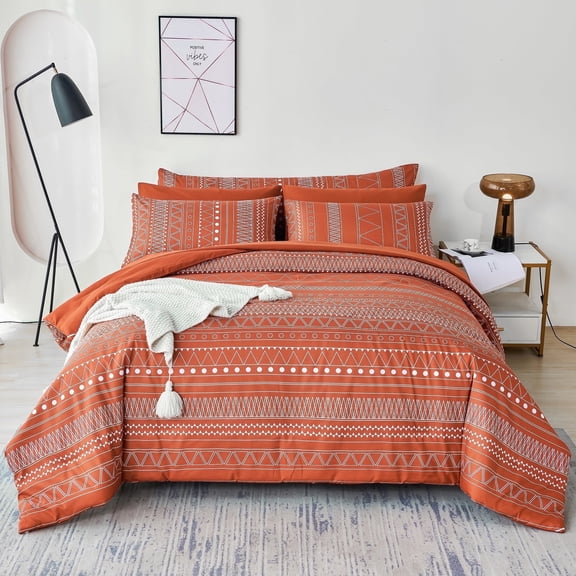 RYNGHIPY Boho Comforter Set King Size Farmhouse 8Pcs Burnt Orange Striped Comforter Bed in a Bag Soft Microfiber Geometric Bedding Quilt Set for Men Women, King
