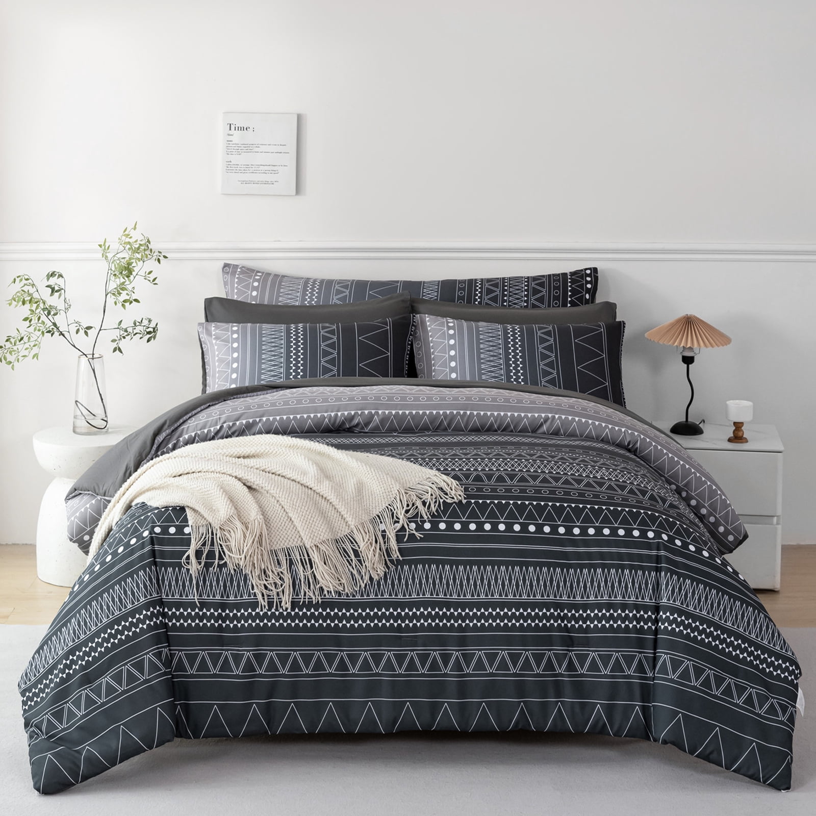 RYNGHIPY Full Bed in a Bag for Men 8 Pieces Black Grey Comforter Set Boho Stripe Gradient Bedding Quilt Set Lightweight Soft Bedding Comforter Sets (Black Grey,Full)