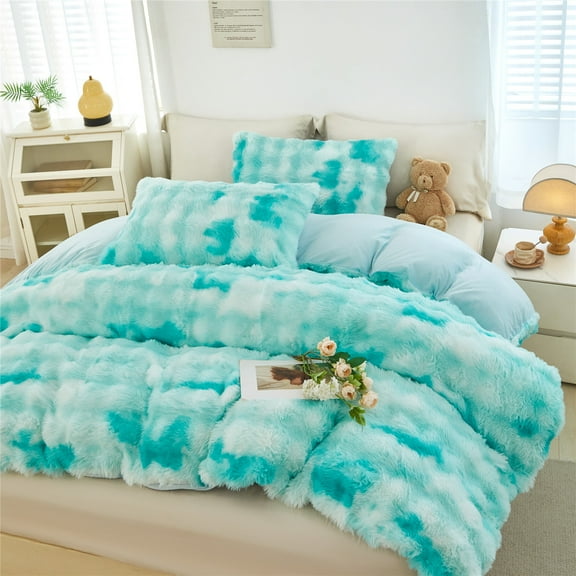 RYNGHIPY 3 Pieces Full Bedding Comforter Sets Faux Fur Bedding Set Mint Green Bubble Comforter Set Tie Dyed Plush Bed Comforter Set Soft Fluffy Bed Set