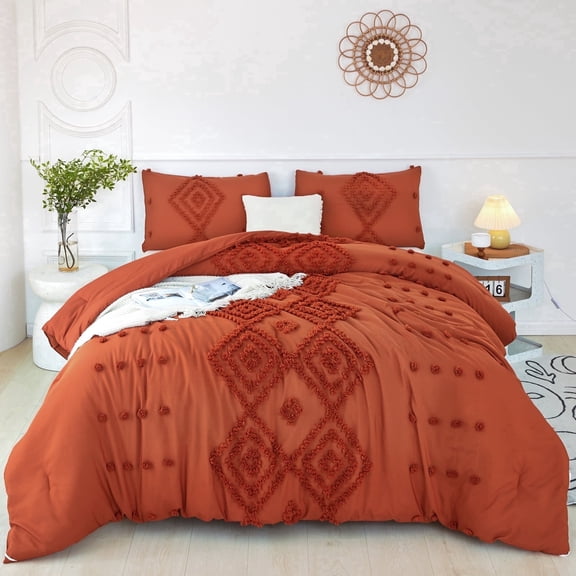 RYNGHIPY Full Size Tufted Bedding Set 3 Pieces Shabby Chic Textured Comforter Set Terracotta Soft Lightweight Microfiber Quilt Bed Set for Girls Women (Full,Burnt Orange)