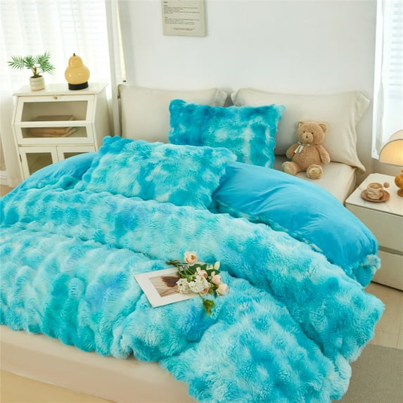 RYNGHIPY Fuzzy Comforter Set for Girls Queen 3pcs Faux Fur Bedding Set Tie Dye Teal Plush Bed Comforter Set Winter Bubble Bedding with Pi1lowcases