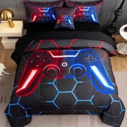 RYNGHIPY Game Boys Comforter Set Twin Size 6Pcs Bed in a Bag Gradient Red Blue Gamepad Bedding Set for Teens Men Girls 100% Lightweight Durable Microfiber Quilt Set (Red-Blue, Twin)