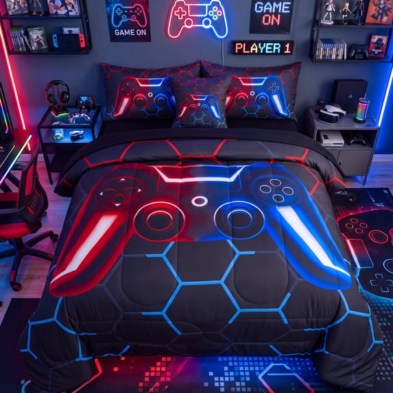 RYNGHIPY Game Boys Comforter Set Twin Size 6Pcs Bed in a Bag Gradient Red Blue Gamepad Bedding Set for Teens Men Girls 100% Lightweight Durable Microfiber Quilt Set (Red-Blue, Twin)
