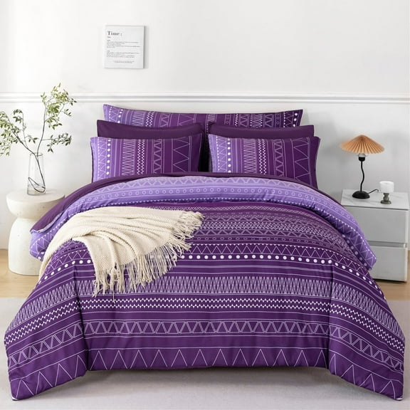 RYNGHIPY Gradient Purple Comforter Sets Full 8 Pieces Boho Striped Bed in a Bag for Women Geometric Striped Bedding Comforter Set(Gradient Purple,Full)