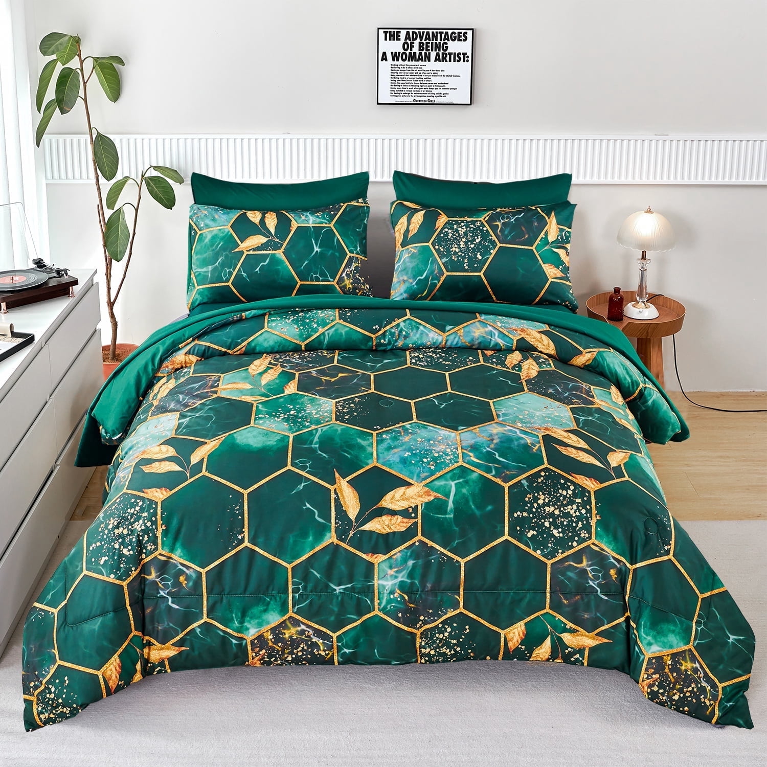 RYNGHIPY Green Gold Geometric 3-Piece Green Honeycomb Microfiber Comforter Set Full Size