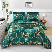 RYNGHIPY Green Gold Geometric 3-Piece Green Honeycomb Microfiber Comforter Set Full Size