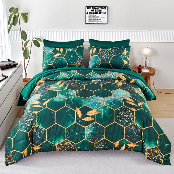 RYNGHIPY Green Gold Geometric 3-Piece Green Honeycomb Microfiber Comforter Set Full Size