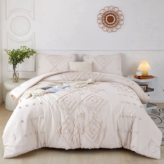 RYNGHIPY Jacquard Tufts Bedding Set Queen Size 3 Pcs Bohemian Geometric Cream Quilt Sets Soft Lightweight Microfiber Bed Comforter Set for All Seasons (Queen,Cream Beige)