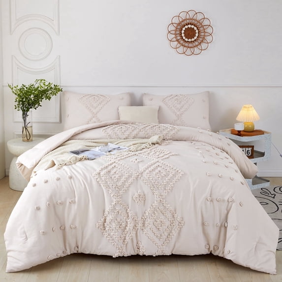 RYNGHIPY Jacquard Tufts Bedding Set Queen Size 3 Pcs Bohemian Geometric Cream Quilt Sets Soft Lightweight Microfiber Bed Comforter Set for All Seasons (Queen,Cream Beige)