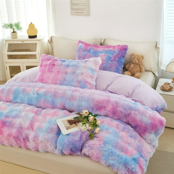 RYNGHIPY Kids Bedding Comforter Sets Full 3 Pieces Bubble Faux Fur Bedding Set Blue Purple Soft Shaggy Comforter Set Skin Friendly Fluffy Bed Set for Winter