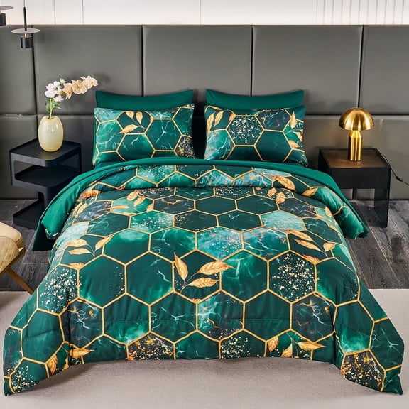 RYNGHIPY King Comforter Set 3 Piece Honeycomb Geometric Marble Green Gold Bedding Set King Hexagon Gold Trim Print Water Ripple Pattern for All Season (Green, King)