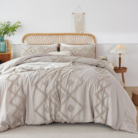 RYNGHIPY King Size Grey Comforter Set for Men Women Tufted Jacquard Bed Set for Bedroom Gray Boho Shabby Chic Bedding with Pillowcases (King, Grey)