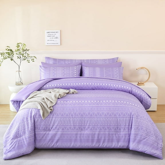 RYNGHIPY Lavender Bed in a Bag Comforter Set King Size 8Pcs Boho Purple Bed Set with Sheets Farmhouse Style Striped Bed Comforter Set-All Seasons (Lavender, King)