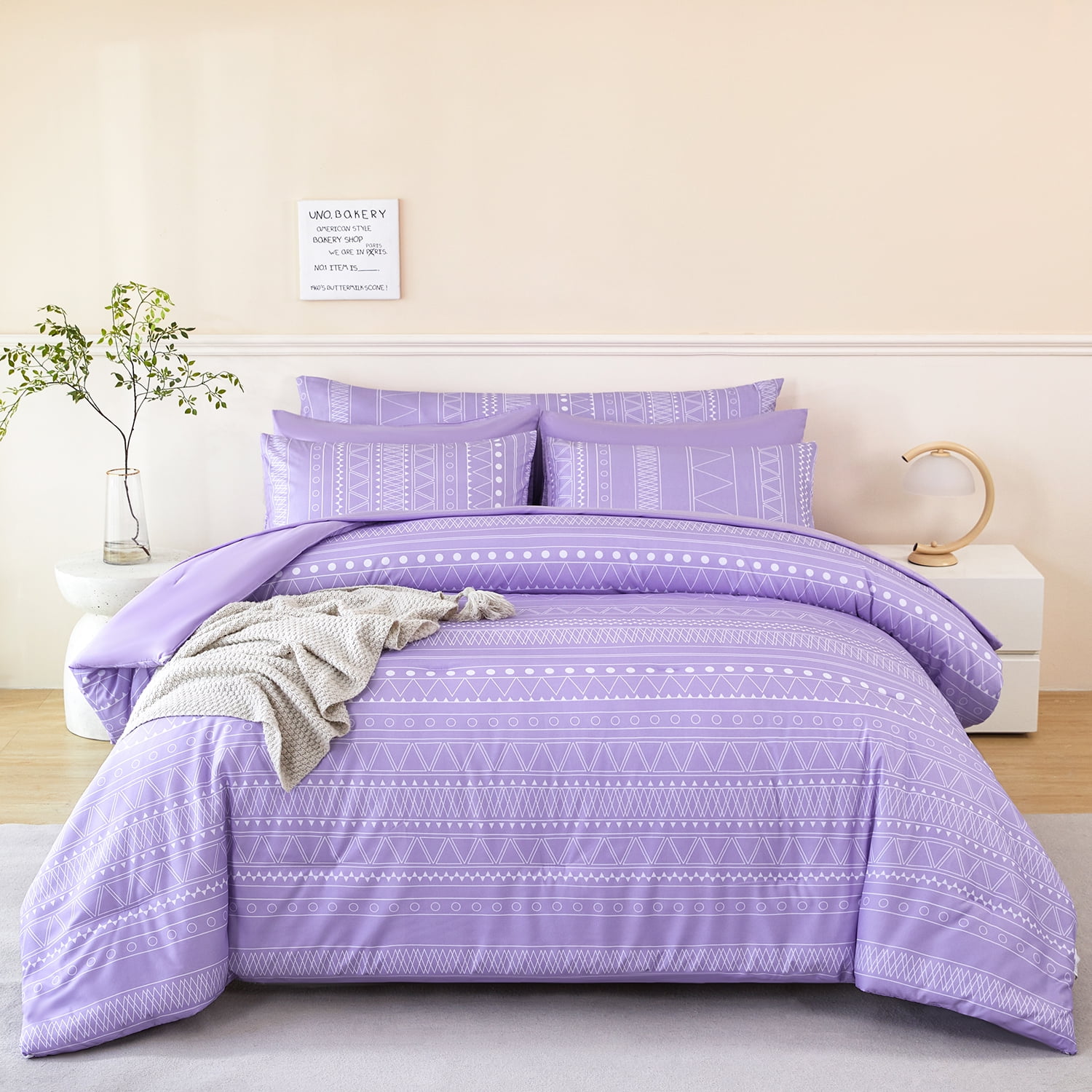 RYNGHIPY Lavender Bed in a Bag Comforter Set King Size 8Pcs Boho Purple Bed Set with Sheets Farmhouse Style Striped Bed Comforter Set All Seasons