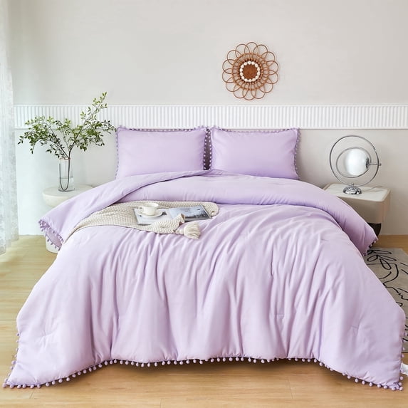 RYNGHIPY Lavender Twin Size Comforter Set for Girls Women 3 Pcs Purple Pom Ball Boho Bedding Set with Pillowcases 100% Microfiber Lightweight Breathable Quilt Set (Lavender, Twin)
