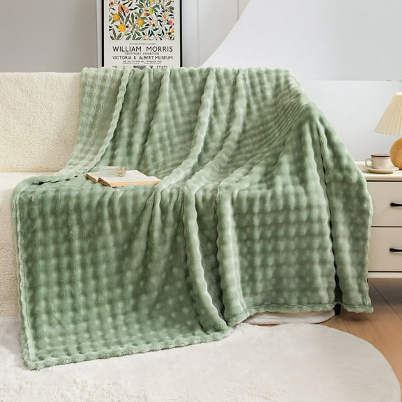 RYNGHIPY Oversized Green Bubble Faux Fur Throw Blanket Flannel Fleece 79*90 Waffle Blanket for Bed Couch Sofa Green Plush Fuzzy Blanket for Boys Girls Teens (Green, 79"*90")