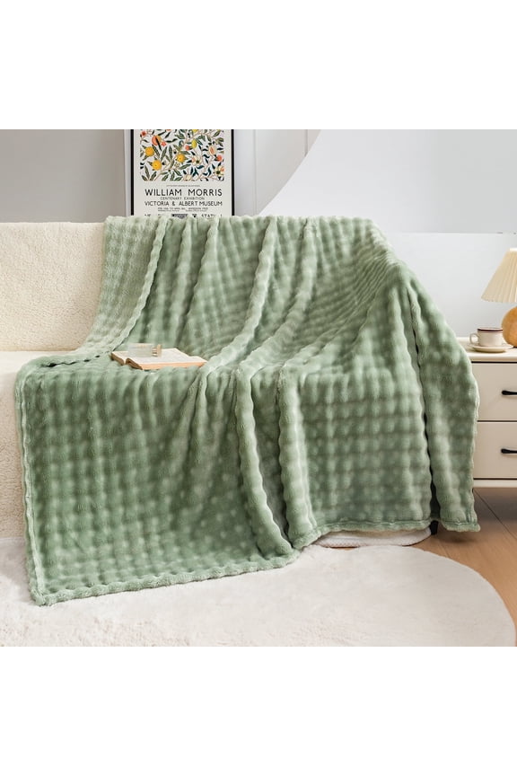 Oversized Green Bubble Faux Fur Throw Blanket Flannel Fleece 79*90 Waffle Blanket for Bed Couch Sofa Green Plush Fuzzy Blanket for Boys Girls Teens (Green, 79"*90")