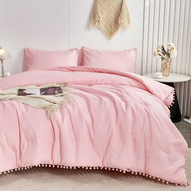 RYNGHIPY Cute Pom Fringe Pink Comforter Full Size 3 Pieces & Vibrant