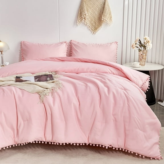 RYNGHIPY Pink Full Size Comforter Set Pom Fringe 3 Pcs Boho Chic Cute Ball Pom Blush Bedding Set Cali Soft Lightweight Solid Bed Set (1 Pom Comforter, 2 Pillowcases)