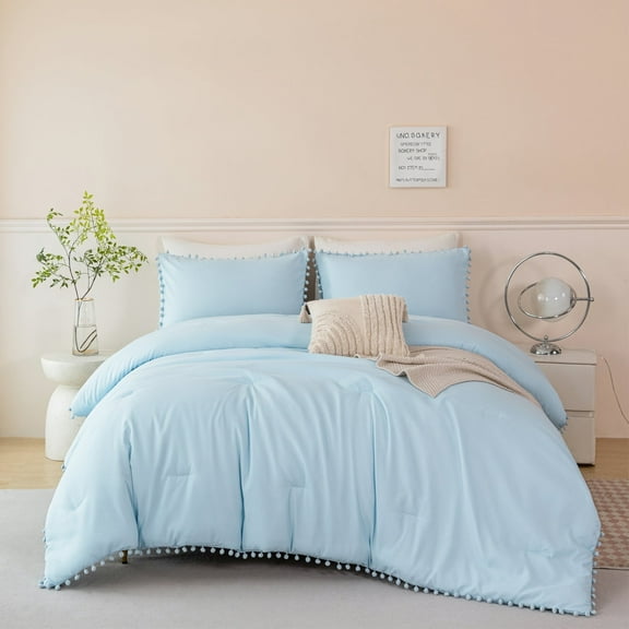 RYNGHIPY Pom Fringe Bed Comforter Set Queen Size for Girls 3Pcs Baby Blue Comforter Set Solid Fluffy Bedding Set for All Season Soft Bed Set with Comforter(Light Blue,Queen)