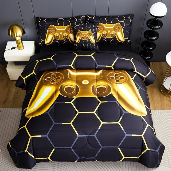 RYNGHIPY Queen Bed in a Bag Gaming Comforter Set for Men 6Pcs Video Game Bed Comforter Set with Sheets Set Gradient Geometric Bedding Set for Gamer Home Decor (Gold, Queen)