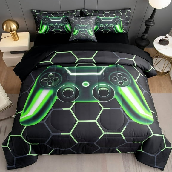 RYNGHIPY Queen Gamer Comforter Set for Boys Teens Kids 6Pcs Bed in a Bag Green Game Video Bed Set 100% Microfiber Bedding Comforter Set (Green, Queen)