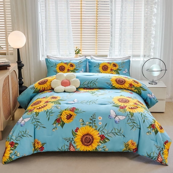 RYNGHIPY Floral Comforter Set King Size Butterflies Leaf Print Bed Comforter Set for Women Men Microfiber Breathable Quilt Set (Blue, King)