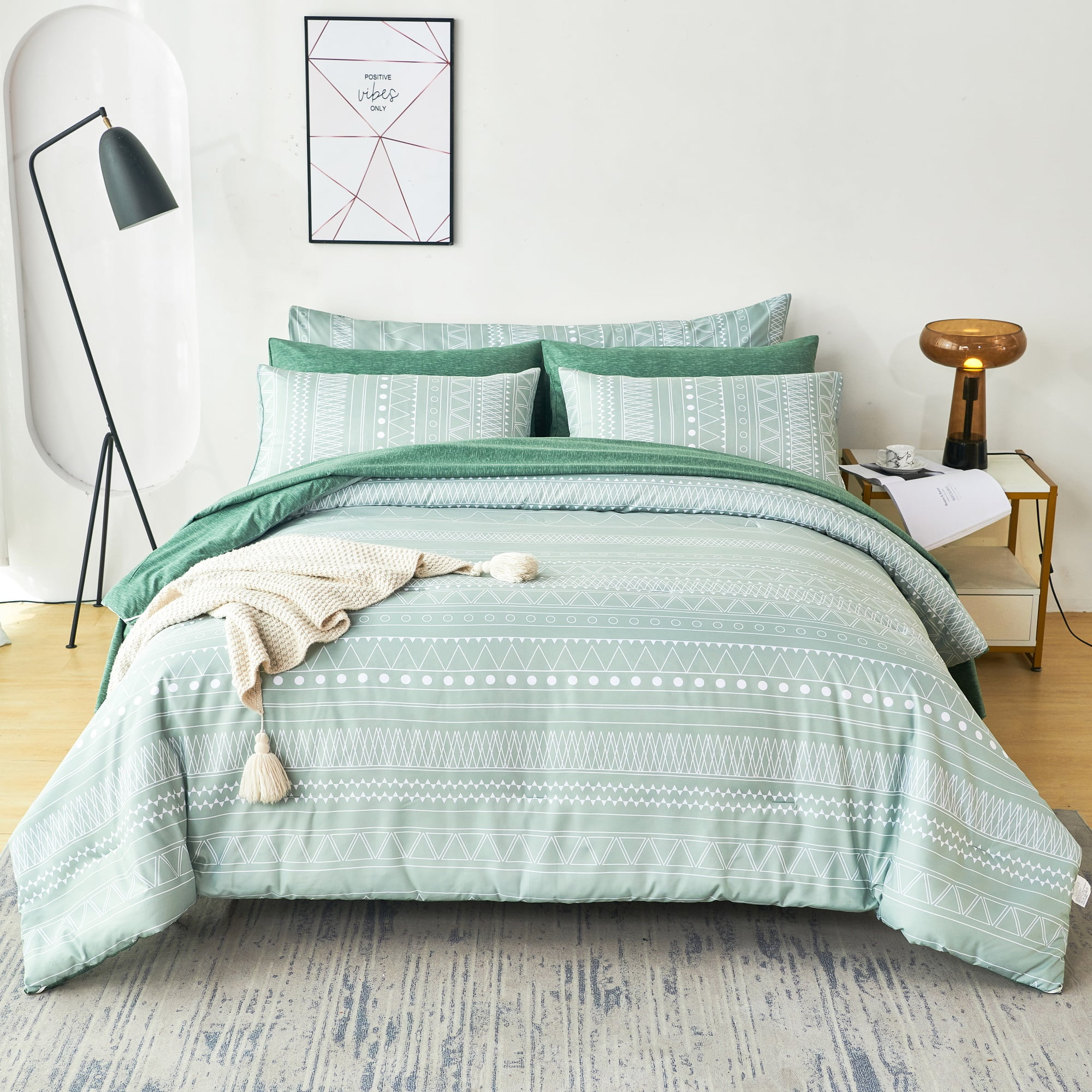 RYNGHIPY Striped Boho Bed Comforter Set Queen Size Sage Green 8Pcs Geometric Bohemian Bed in a Bag Down Alternative Comforter Bedding Set Sage