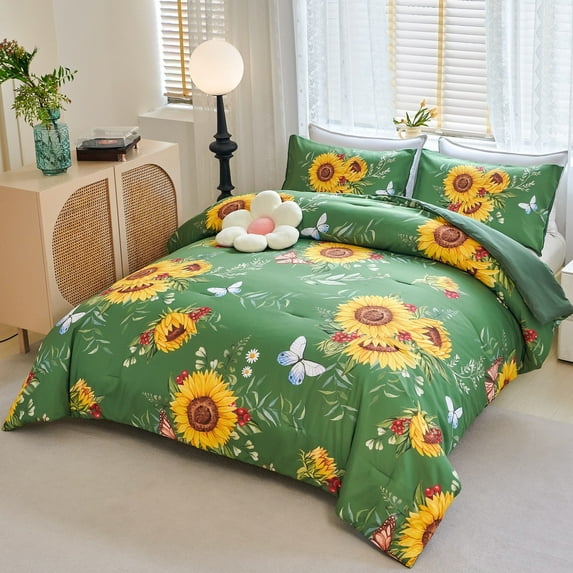 RYNGHIPY Sunflower Green Comforter Set for Girls Kids Boys Floral Queen Bed Comforter Set Farmhouse Style Flower Aesthetic Bedding Set for Bedroom Decor (Green, Queen)