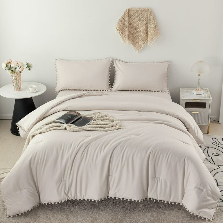 RYNGHIPY Twin Size Beige Grey Boho Comforter Set 3 Pieces Boho Pom