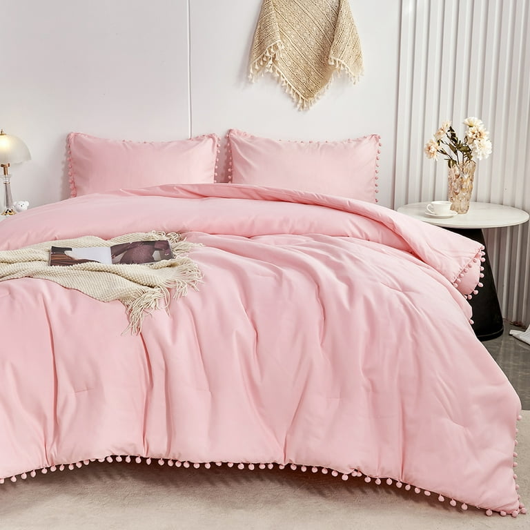 RYNGHIPY Twin Size Pink Comforter Set 3 Pcs Kids Girls Pom Fringe Boho  Bedding Set Chic Cali Ultra-Soft Ball Pom Bed Set (1 Pom Comforter, 2