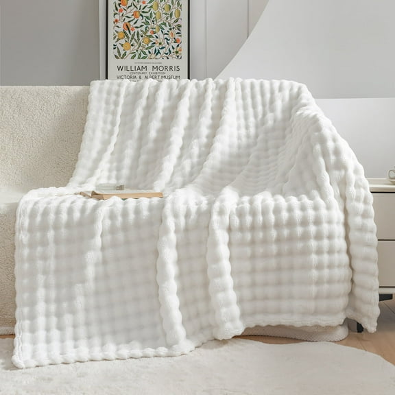 RYNGHIPY White Bubble Fluffy Blanket for Room Faux Fur Plush Throw Blanket for Bed Couch Sofa 63*79 Large Waffle Fleece Fuzzy Blanket for Women Men Teens (White, 63"*79")