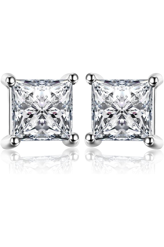 Princess Cut Cubic Zirconia Earrings, 14K White/Gold Plated CZ Stud Earrings Simulated Diamond, D Color VVS1 Clarity, 0.3ct-5ct