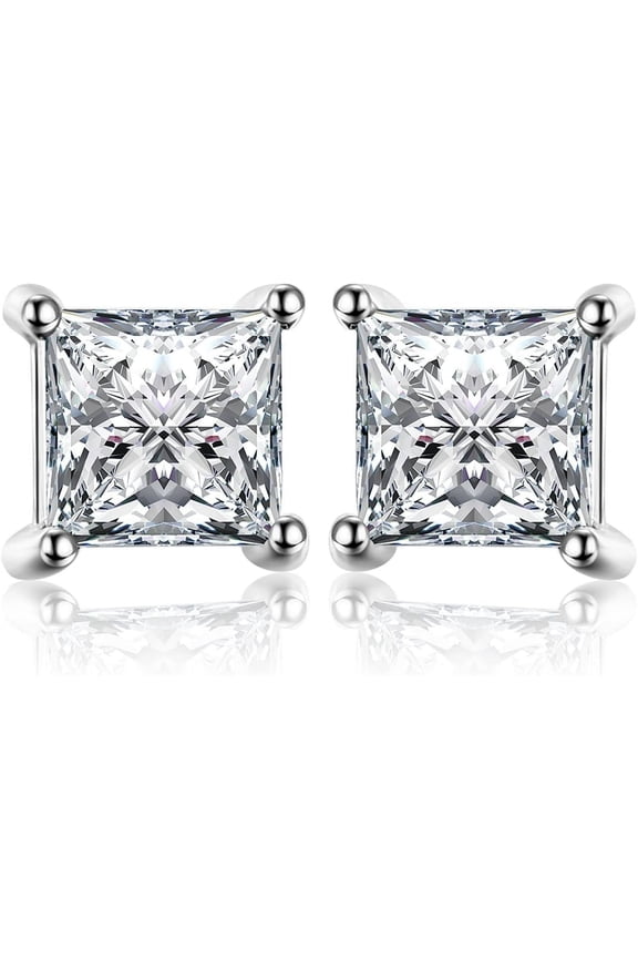 Princess Cut Cubic Zirconia Earrings, 14K White/Gold Plated CZ Stud Earrings Simulated Diamond, D Color VVS1 Clarity, 0.3ct-5ct