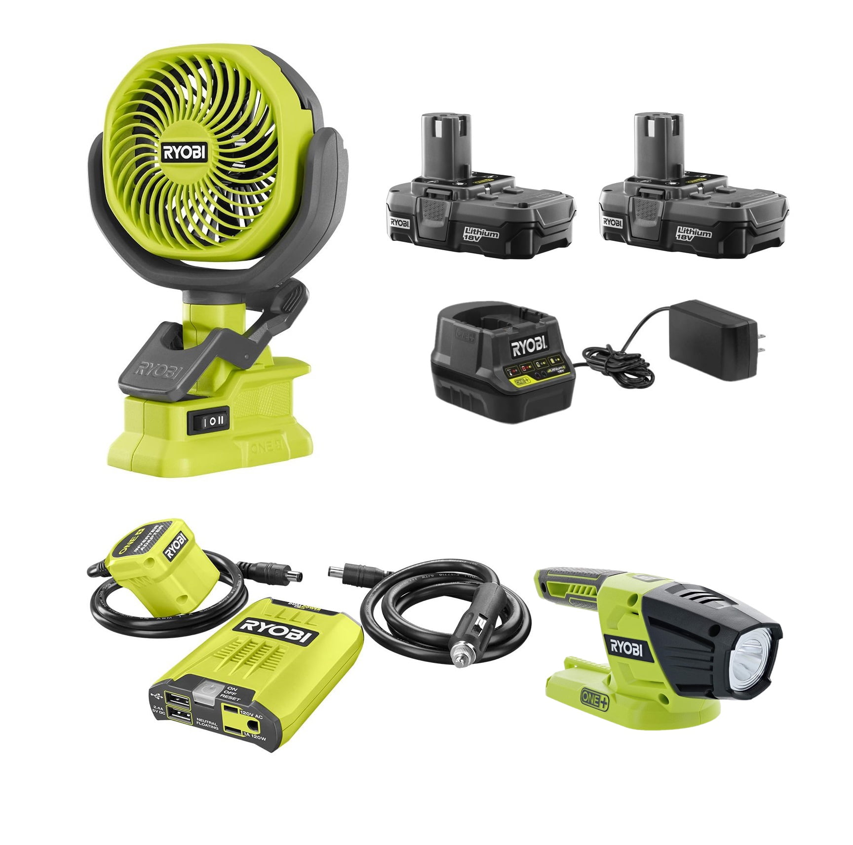 RYOBI ONE+ 18Volt Camping Kit with Fan, Light, Inverter, Batteries