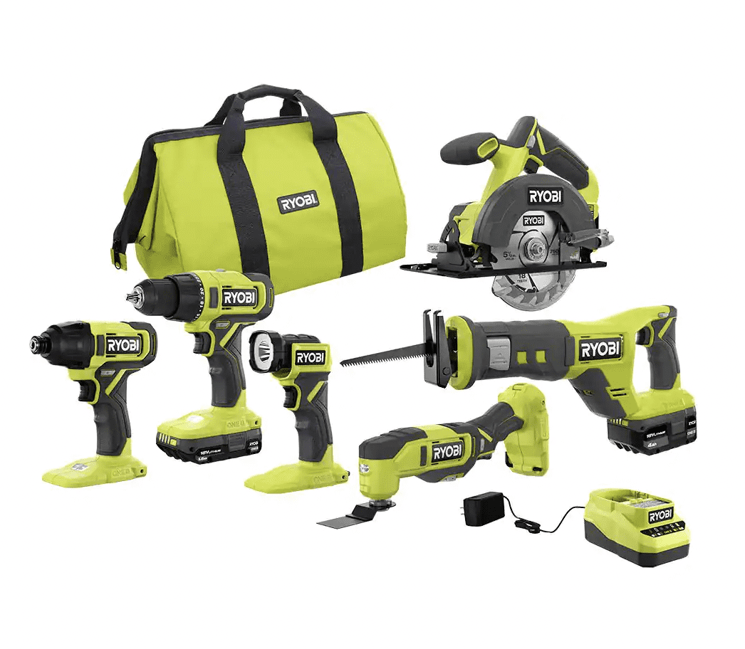 RYOBI ONE+ 18V Cordless 6-Tool Combo Kit with 1.5 Ah Battery, 4.0 Ah Battery,  and Charger