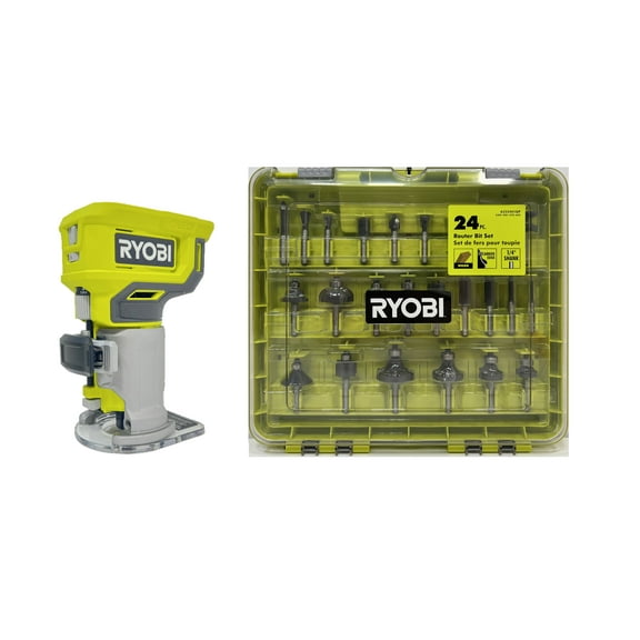 RYOBI ONE+ 18V Cordless Fixed Base Trim Router with 24-Piece Router Bit Set A252401 (Bulk Packaged)