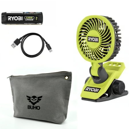 RYOBI USB Clamp Fan Zipper Pouch Bundle - Powerful Personal Cooling with Adjustable Head and Multi-Directional Airflow, 2 Speed Settings, 135 CFM, 7 Hours Runtime, 1-1/4 in. Clamping Capacity