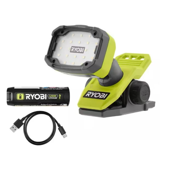 RYOBI USB Lithium Cordless Magnetic Clamp Light Kit with 2.0 Ah Battery and Charging Cable
