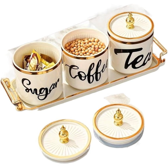 RYPFOEWBN Airtight Glass Canister Set with Gold Lids and Tray - Kitchen Storage Jars for Tea, Coffee, Sugar, Flour, Spices (White & Gold, 4-Piece)