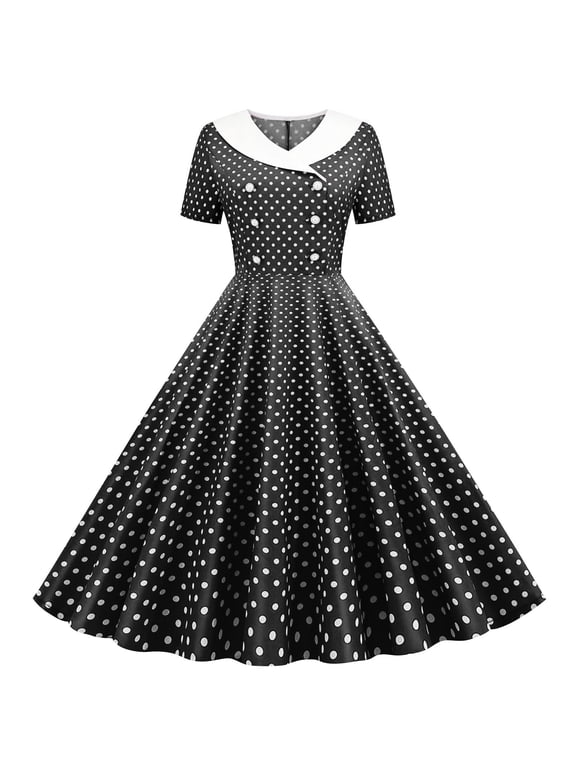 1960s Cocktail Dresses for Women 50s Lapel Double Breasted Vintage Polka Dot Rockabilly Dress Retro Tea Party Prom Midi Dresses(Black,L)