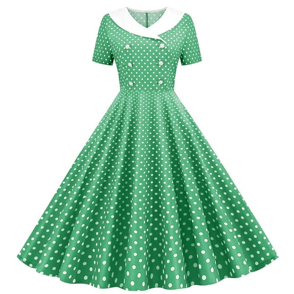 RYRJJ 1960s Cocktail Dresses for Women 50s Lapel Double Breasted Vintage Polka Dot Rockabilly Dress Retro Tea Party Prom Midi Dresses(Green,L)