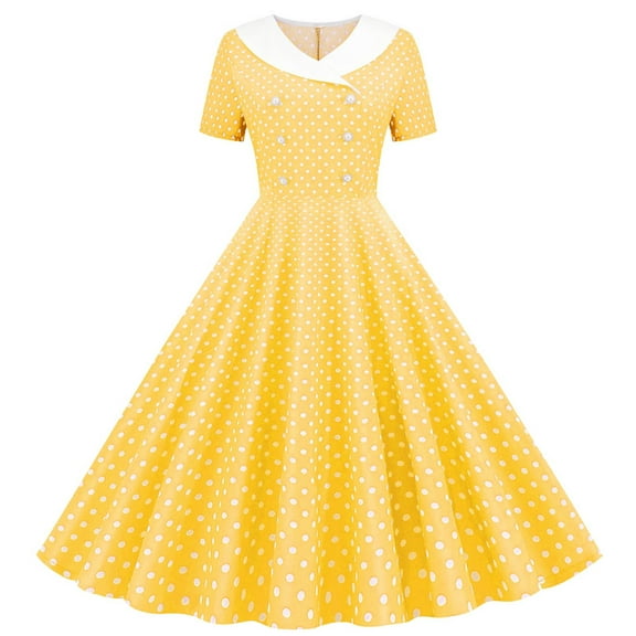 RYRJJ 1960s Cocktail Dresses for Women 50s Lapel Double Breasted Vintage Polka Dot Rockabilly Dress Retro Tea Party Prom Midi Dresses(Yellow,S)