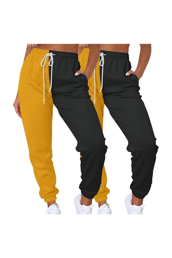 2 Pack Women's Drawstring Sweatpants Y2K Color Block Patchwork Trousers Elastic High Waist Joggers Baggy Pants with Pockets(2 Pack Yellow,M)