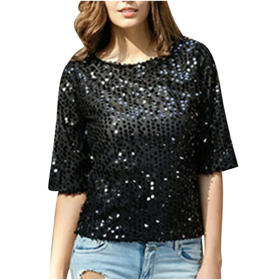 RYRJJ 3/4 Sleeve Sequin Tops for Women Party Shimmer Embellished Sparkle Glitter Evening Clubwear Tunic Top Blouse(Black,L)