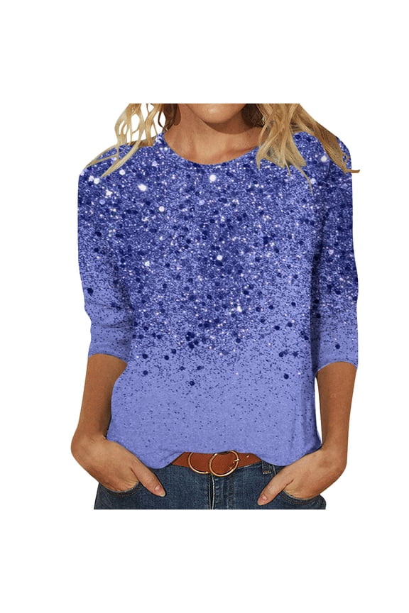 3/4 Sleeve Tops for Women Dressy Casual Blouses Fall Fashion Sparkle Sequin Printed Crew Neck Tunic T Shirts(Blue Purple,XL)