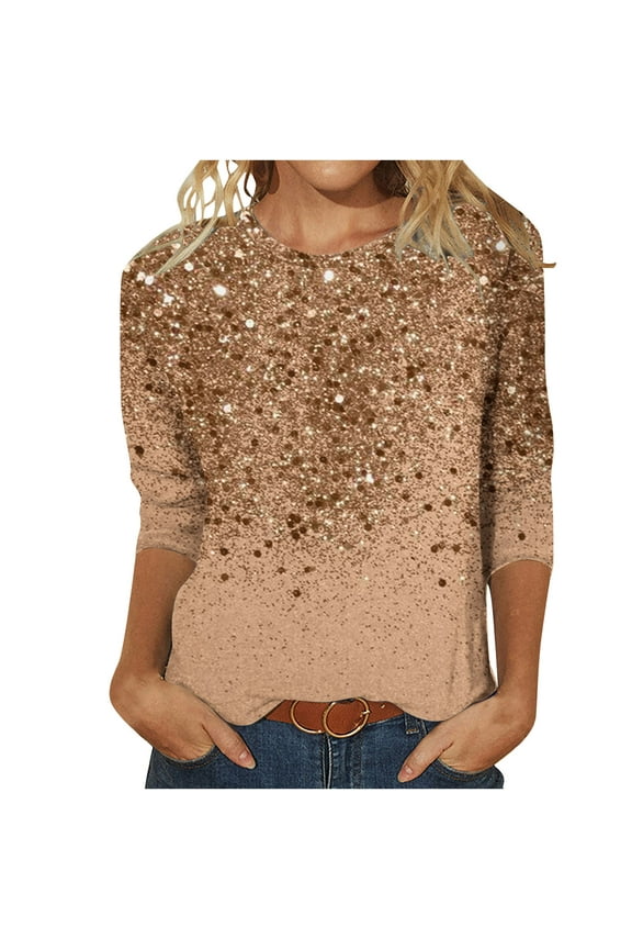 3/4 Sleeve Tops for Women Dressy Casual Blouses Fall Fashion Sparkle Sequin Printed Crew Neck Tunic T Shirts(Brown,S)