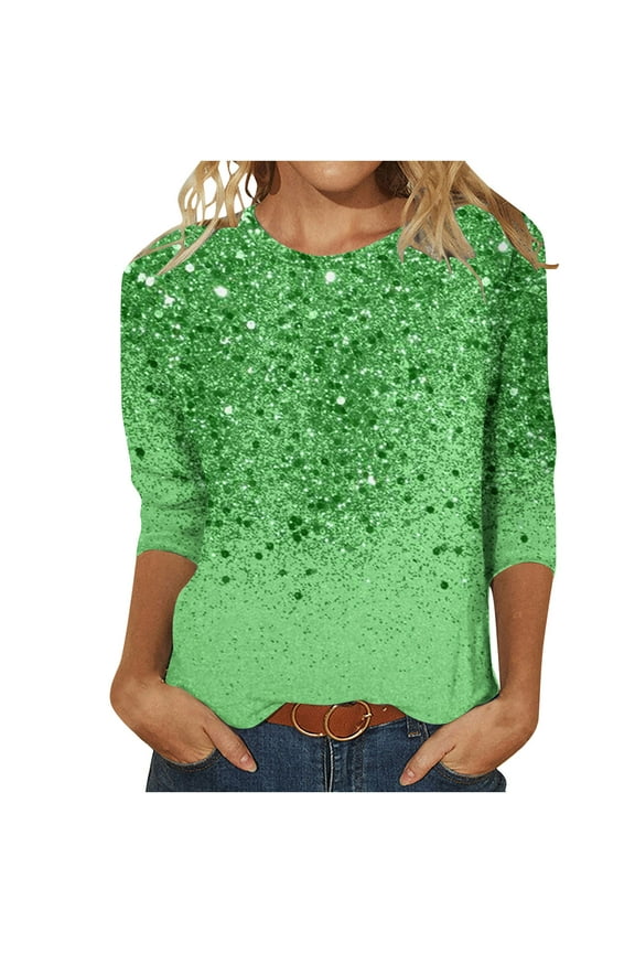 3/4 Sleeve Tops for Women Dressy Casual Blouses Fall Fashion Sparkle Sequin Printed Crew Neck Tunic T Shirts(Grass Green,M)